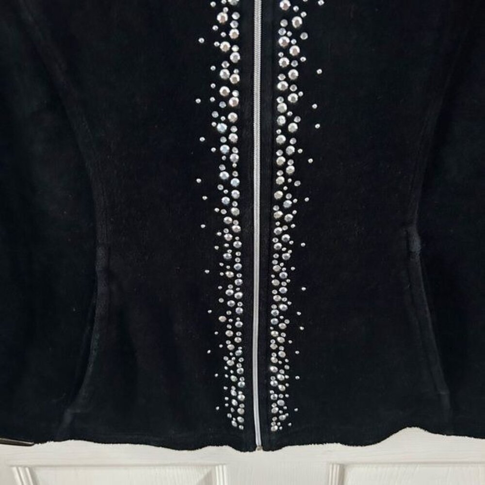 Zenergy by Chico’s Black Velvety Rhinestone Full Zip Jacket, Sz 1 - Picture 13 of 15